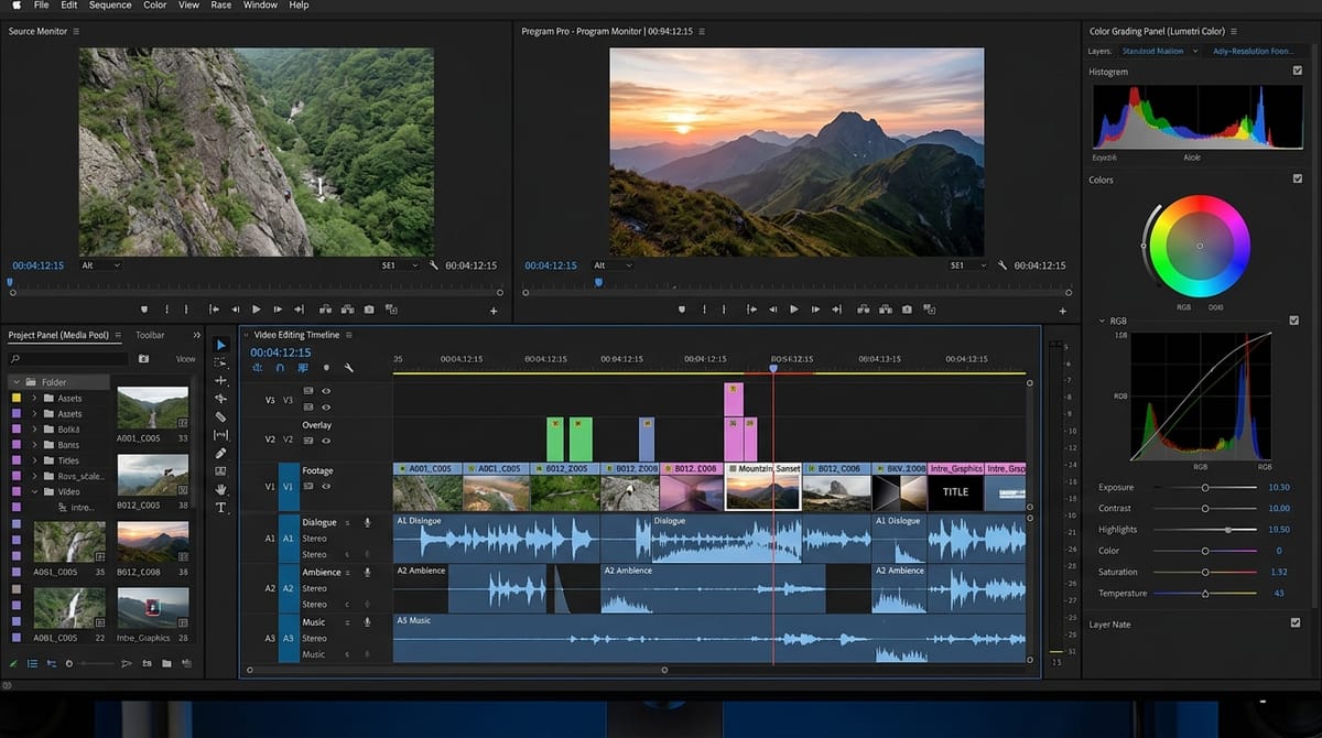 A video editing timeline with colour grading panels